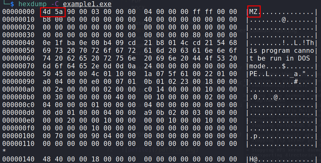 analyzing a file named example1.exe with hexdump