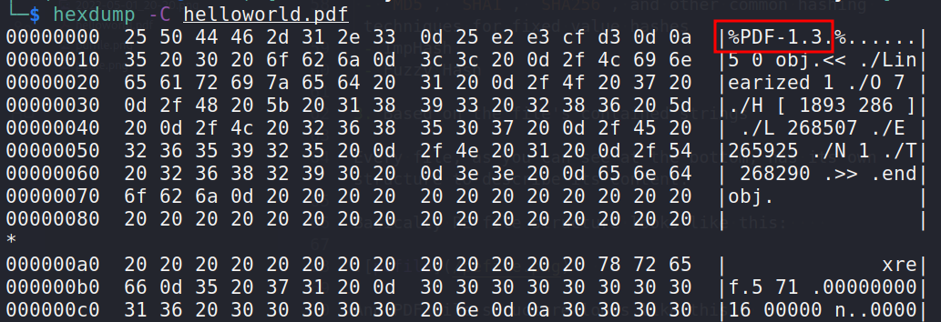 analyzing a file named hellworld.pdf with hexdump