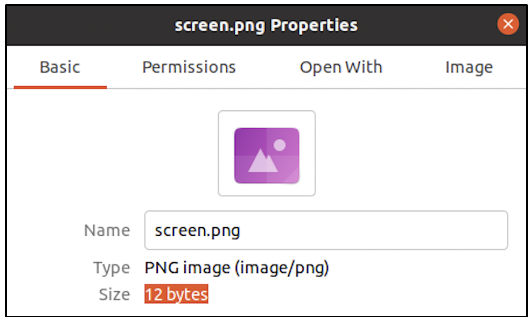 a file named screen.png and it's size which appears to be 12 bytes