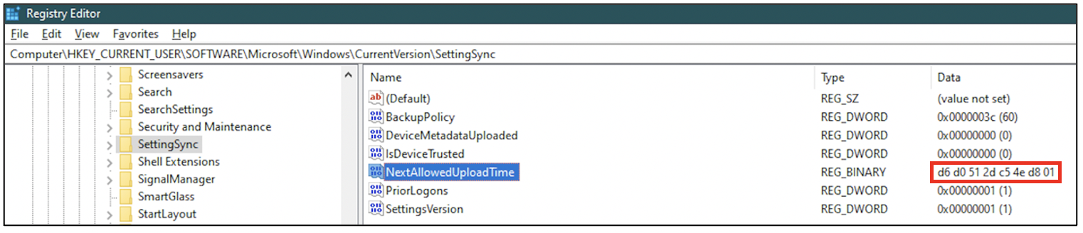 registry key of the timestamp at which user settings will be synced across all devices using the same Microsoft account