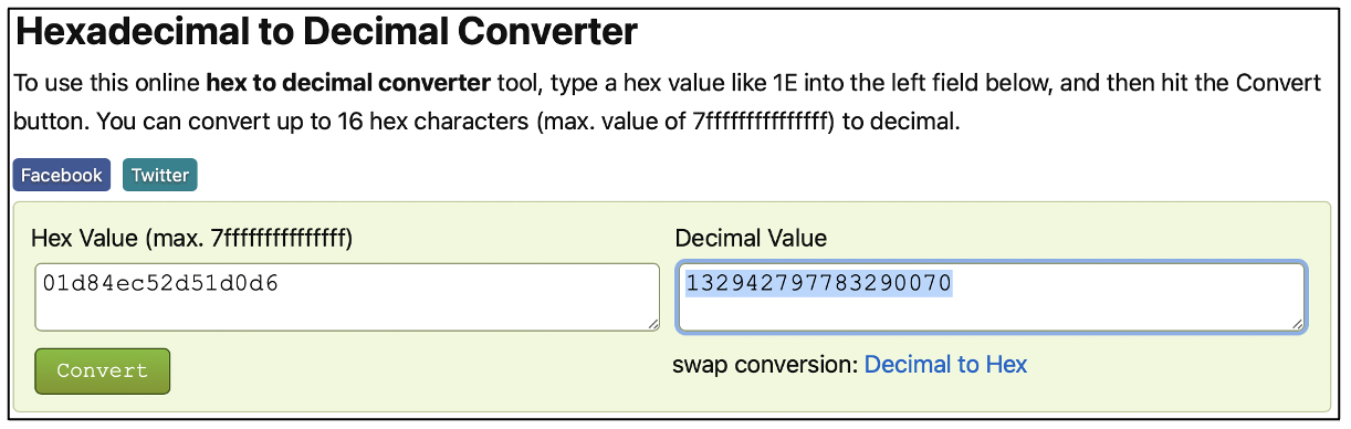   hexadecimal to decimal conversion of an 18-digit value