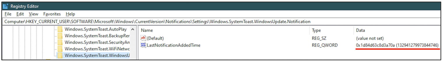image of a key registry of a latest timestamp at which the user received a notification about a Windows update