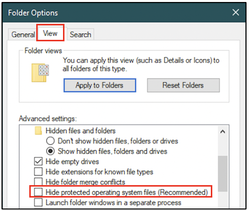 folder options: unchecking hide protected operating system files